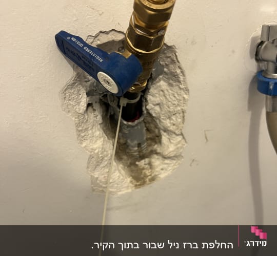 ברז מים מותקן בקיר עם צינור מחובר